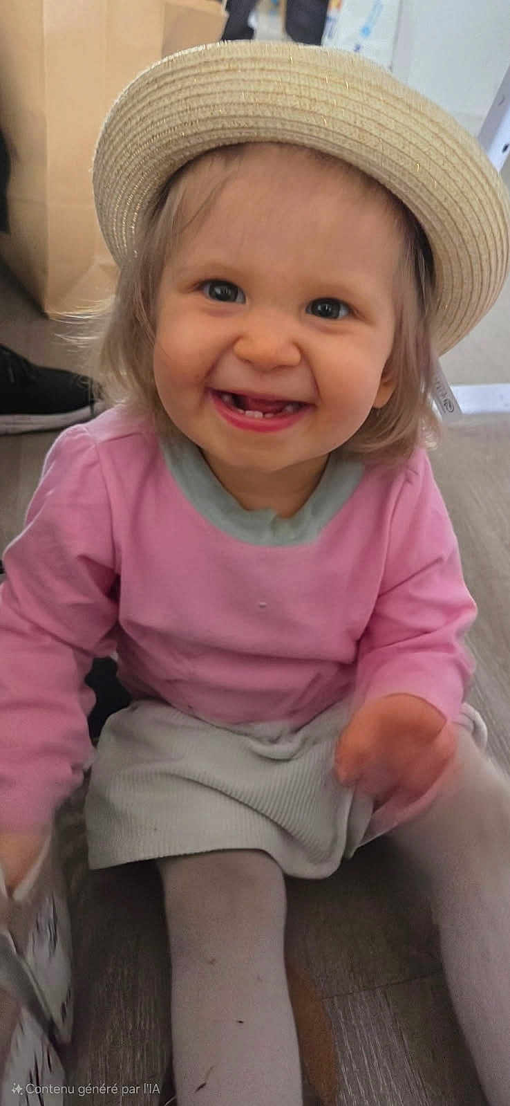Maëlys participe au concours pour gagner de l'argent avec cette photo : toddler, child, hat, smiling, pink_clothing, sitting, floor, indoor, happy, face, person, cute, young_child, playful, casual, portrait, headwear, light_hair, baby, expression