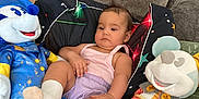 Sonia joined the competition — help win amazing prizes! baby, child, plush_toy, couch, pillow, sofa, indoor, soft_toy, stuffed_animal, child_sitting, casual_clothing, white_socks, relaxed, cute, home, colorful, decor, toy, infant, portrait