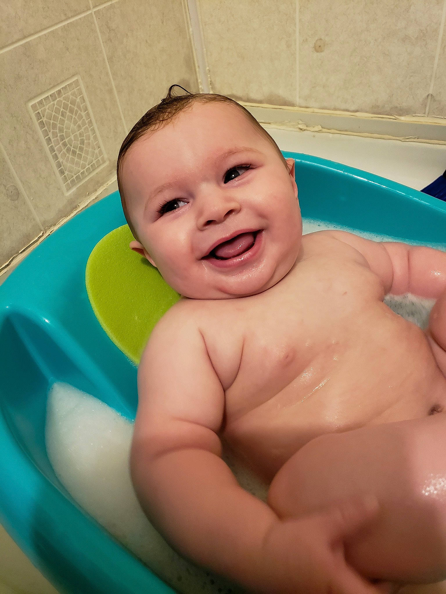 Emerson joined the competition — help win amazing prizes! baby, baby_bathing, baby_making_funny_faces, bathing, bathtub, child, joy, person, product, skin, stomach, toddler, washing