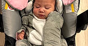 Zealan is registered to the contest to win money with this photo: baby, infant, sleeping, elephant_costume, car_seat, harness, gray_clothing, pink, cozy, portrait, indoors, soft_toy, blanket, closed_eyes, peaceful, bedding, baby_feet, seated, child, cuddly