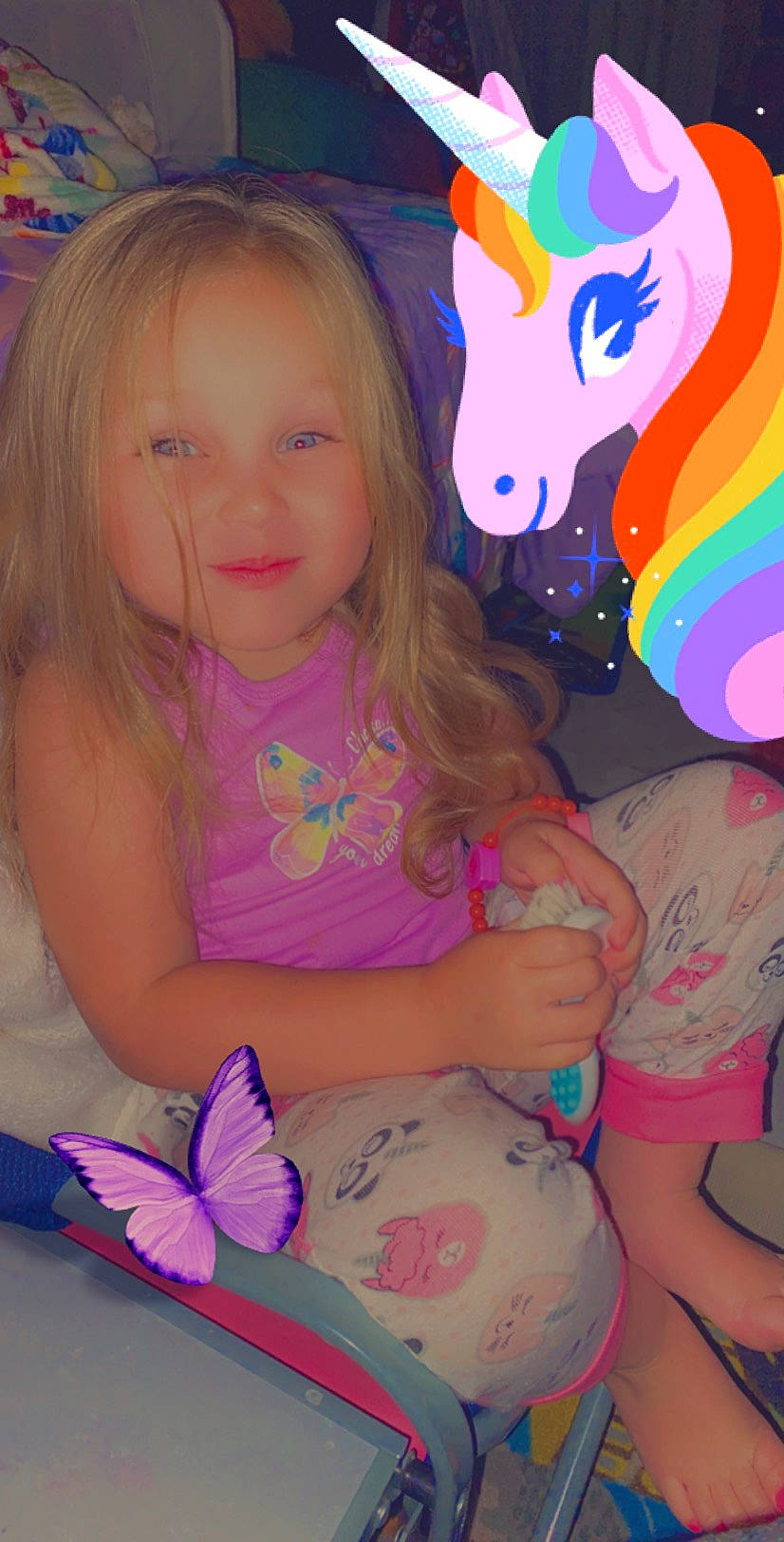 Lyanna is registered to the contest to win money with this photo: child, ear, fawn, fictional_character, fun, happy, person, pink, play, purple, smile, toddler, unicorn