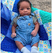 Jo Jo joined the competition — help win amazing prizes! baby, child, denim_overalls, socks, curly_hair, patchwork_quilt, blue, green, yellow, flower_pattern, outdoor, infant, cute, portrait, sitting, hands, feet, clothing, person, young
