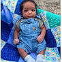 baby, child, denim_overalls, socks, curly_hair, patchwork_quilt, blue, green, yellow, flower_pattern, outdoor, infant, cute, portrait, sitting, hands, feet, clothing, person, young