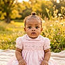 Carebear is registered to the contest to win money with this photo: baby, child, pink_dress, outdoor, nature, wildflowers, blanket, portrait, curious, wide_eyes, sunset, grass, summer, sitting, cute, young_child, person, innocence, happy, daylight