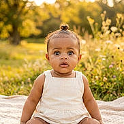 Carebear joined the competition — help win amazing prizes! baby, child, infant, outdoor, nature, grass, sunlight, blanket, dress, portrait, cute, topknot, sitting, young_child, expression, summer, greenery, daylight, curious, person