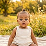 baby, child, infant, outdoor, nature, grass, sunlight, blanket, dress, portrait, cute, topknot, sitting, young_child, expression, summer, greenery, daylight, curious, person