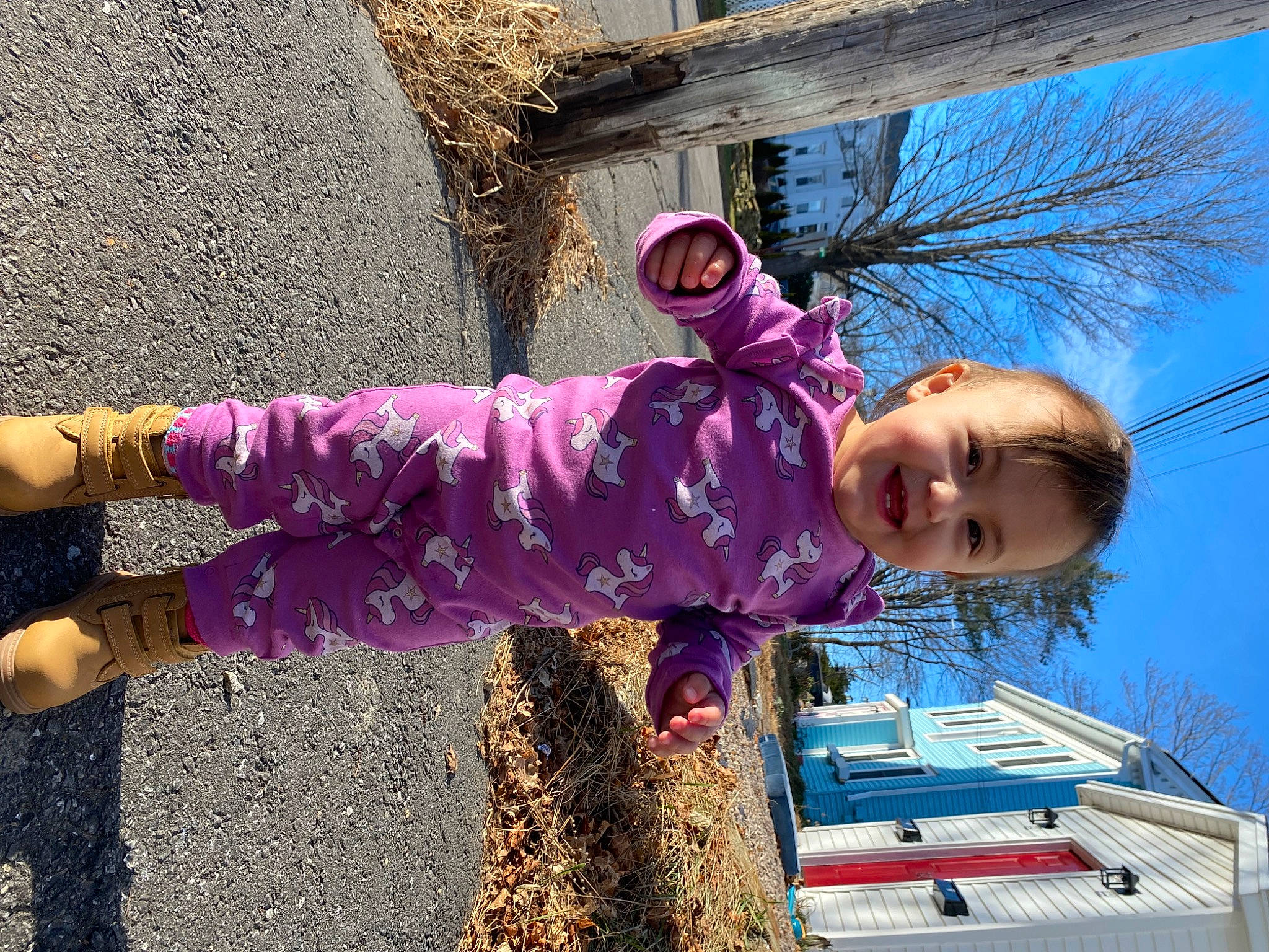 Rosie joined the competition — help win amazing prizes! baby_toddler_clothing, child, city, fun, grass, happy, head, human_leg, joy, leisure, magenta, person, pink, purple, recreation, sky, smile, tints_and_shades, toddler, tree