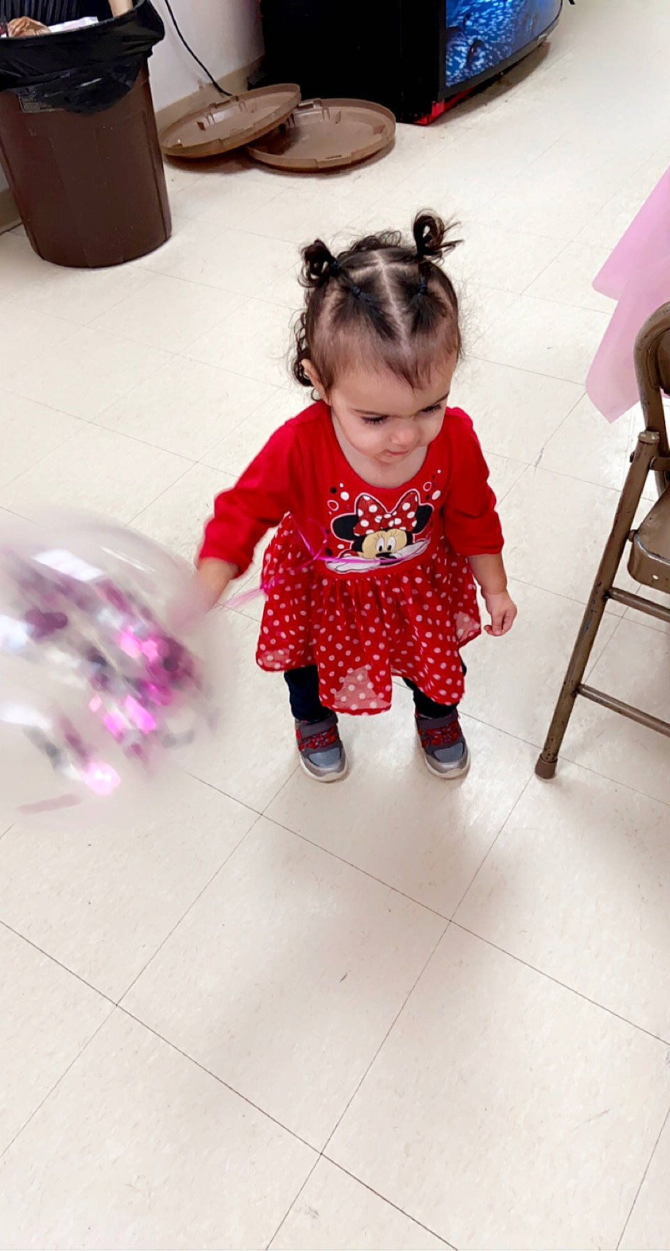 Adaia joined the competition — help win amazing prizes! baby, baby_toddler_clothing, cheek, child, dress, face, facial_expression, floor, flooring, hairstyle, happy, head, magenta, pattern, person, pink, purple, skin, sleeve, smile