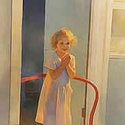 Millie joined the competition — help win amazing prizes! architecture, blonde_hair, casual_clothing, child, curly_hair, doorway, dress, handrail, home, indoor, light, person, portrait, red, shy, smile, soft_lighting, standing, wall, young