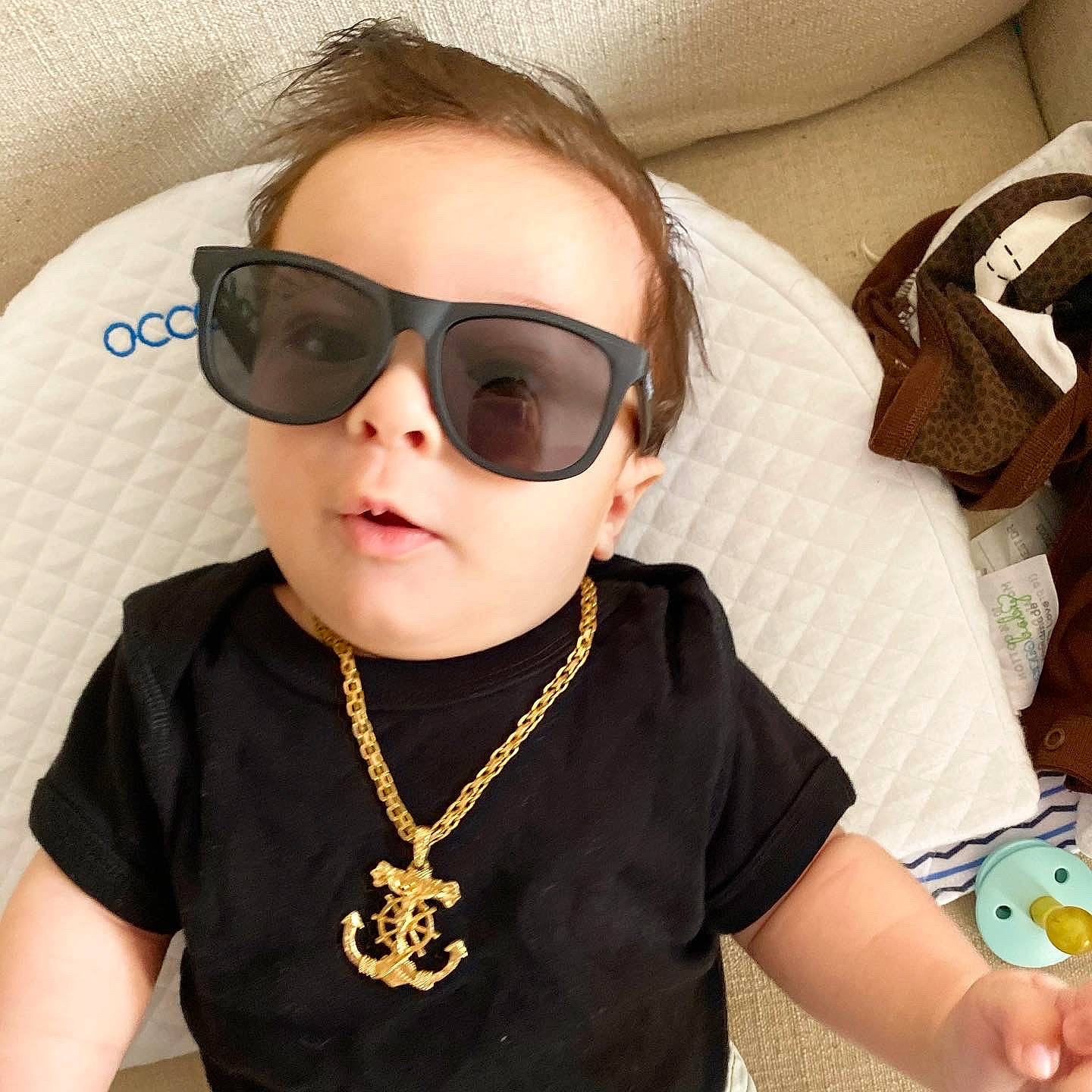 Alessio is registered to the contest to win money with this photo: aviator_sunglass, baby, child, cool, eyewear, fashion_accessory, glasses, goggles, head, person, smile, sunglasses, toddler, vision_care