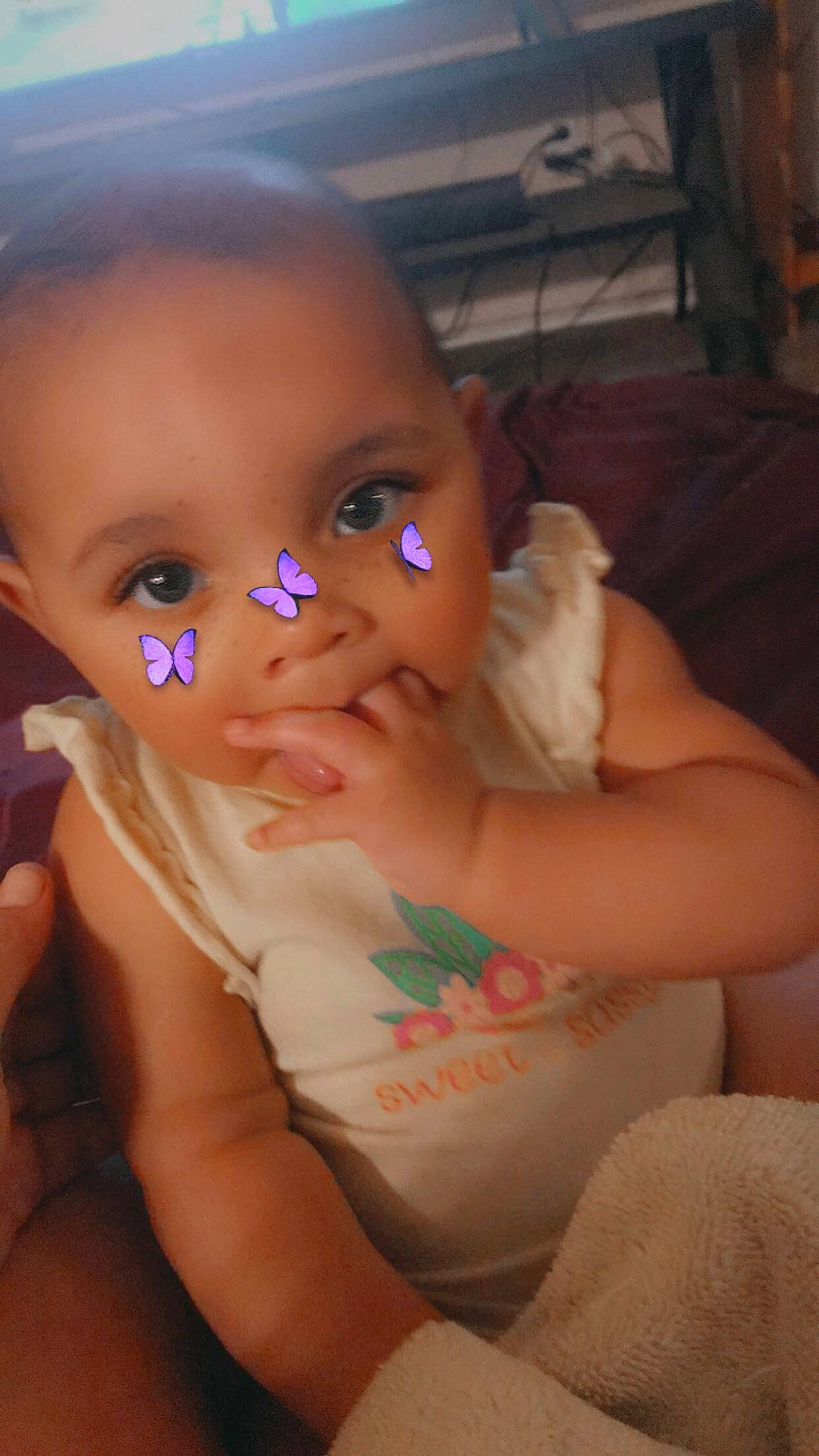 Journee is registered to the contest to win money with this photo: baby, baby_toddler_clothing, cheek, chin, ear, eye, eyebrow, eyelash, finger, gesture, hair, happy, head, iris, lip, mouth, neck, nose, person, skin