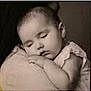 baby, infant, sleeping, child, portrait, shoulder, cuddle, sepia, photo, mobile_screenshot, status_bar, date, icons, peaceful, soft_texture, closed_eyes, hand, face, person, studio_style