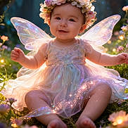 Elaina joined the competition — help win amazing prizes! child, baby, fairy, wings, flower_crown, dress, grass, flowers, sparkles, fantasy, portrait, sitting, smiling, outdoors, nature, whimsical, glowing, sunlight, closeup, cute