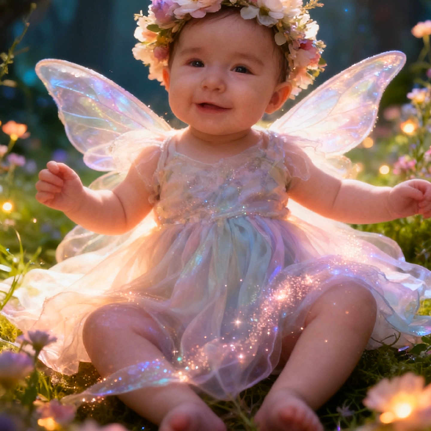 Elaina joined the competition — help win amazing prizes! child, baby, fairy, wings, flower_crown, dress, grass, flowers, sparkles, fantasy, portrait, sitting, smiling, outdoors, nature, whimsical, glowing, sunlight, closeup, cute