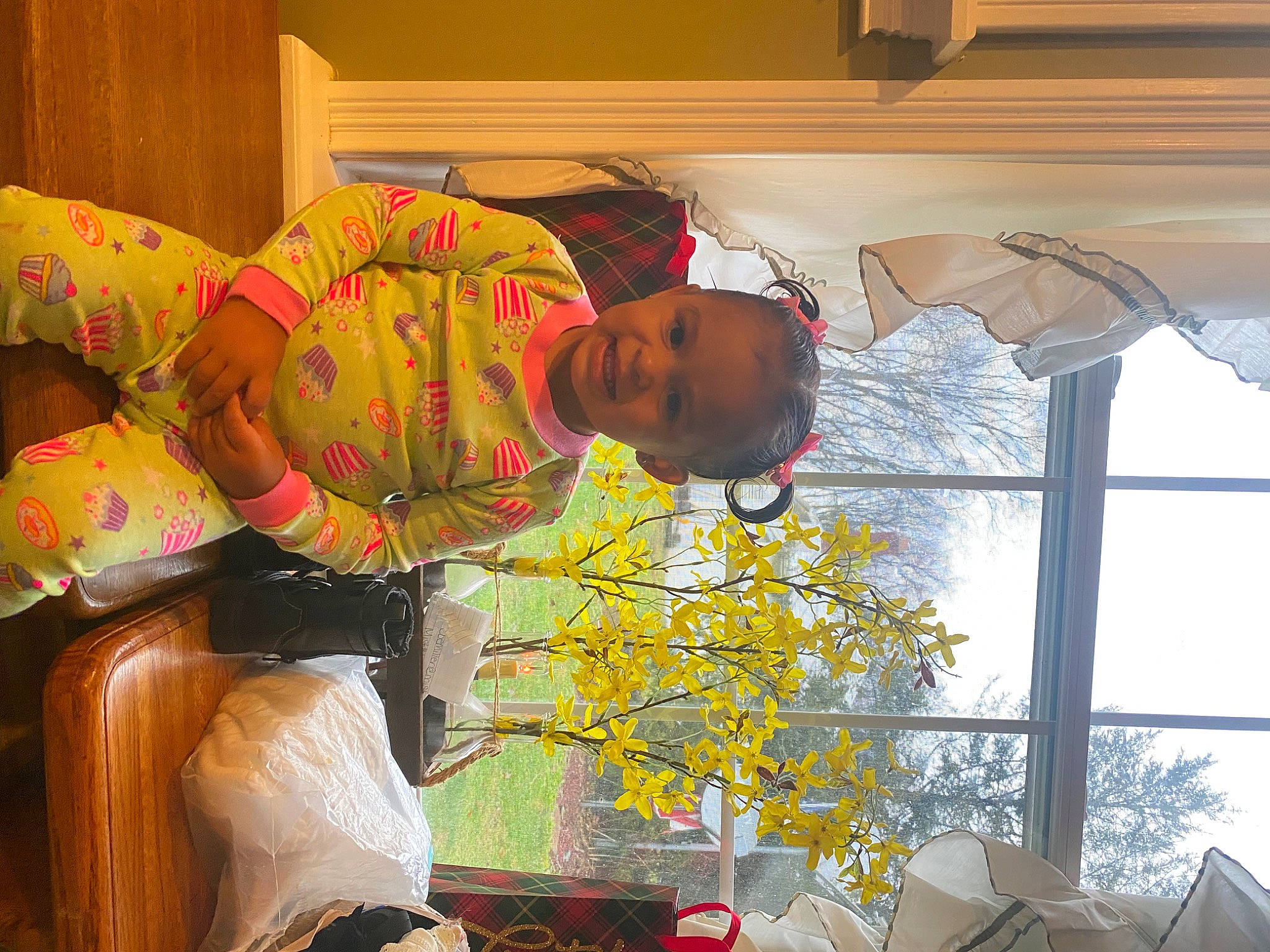 Taelauna is registered to the contest to win money with this photo: chair, child, floral_design, flower, flowerpot, fun, glass, happy, houseplant, person, plant, room, rose, sitting, sky, smile, toddler, tree, window, window_treatment