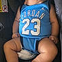 baby, infant, sleeping, car_seat, blue_clothing, nike, jordan, socks, hat, child, cute, indoors, relaxed, sporty, apparel, footwear, headwear, young_child, seated, peaceful