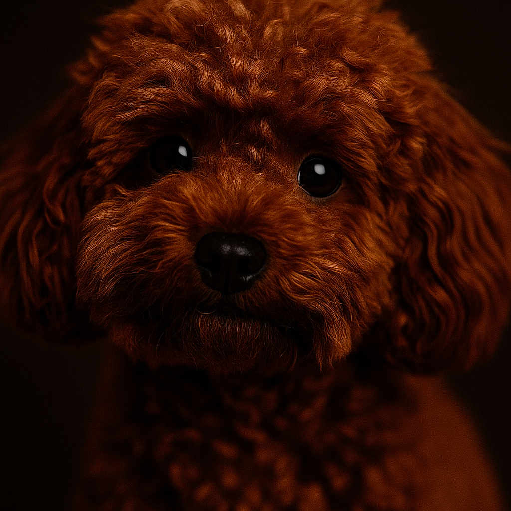 Bella participe au concours pour gagner de l'argent avec cette photo : adorable, animal, brown, close_up, companion, curly_fur, cute, dark_background, dog, ears, eyes, face, fluffy, furry, mammal, nose, pet, poodle, portrait, studio