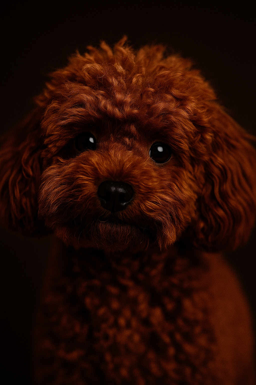 Bella participe au concours pour gagner de l'argent avec cette photo : dog, poodle, brown, curly_fur, portrait, close_up, pet, animal, cute, fluffy, face, nose, ears, eyes, studio, dark_background, mammal, companion, furry, adorable