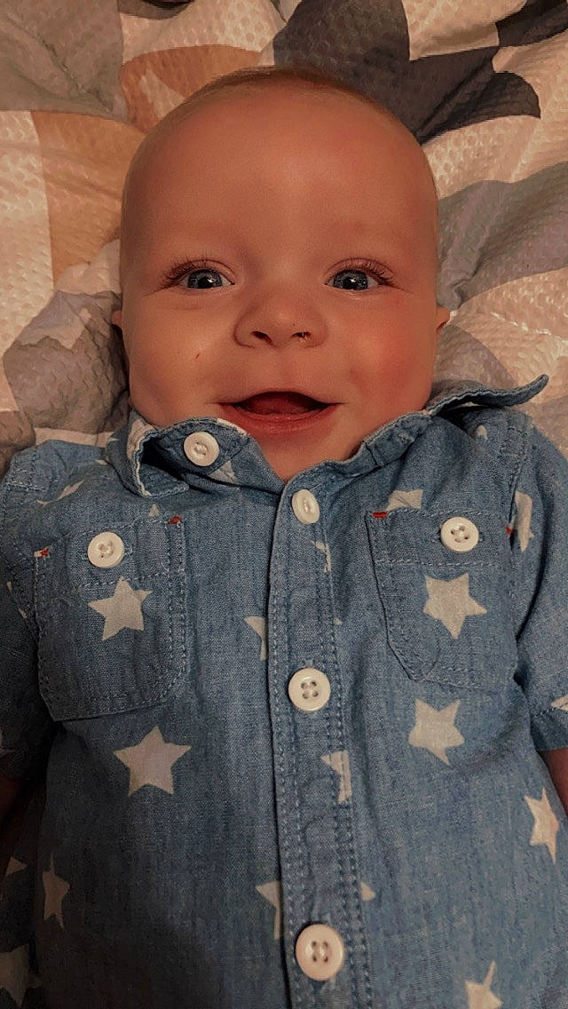 Lincoln joined the competition — help win amazing prizes! baby, baby_toddler_clothing, cheek, collar, cool, dress_shirt, grass, happy, iris, jacket, lip, military_camouflage, nose, outerwear, person, skin, sleeve, smile, standing, textile