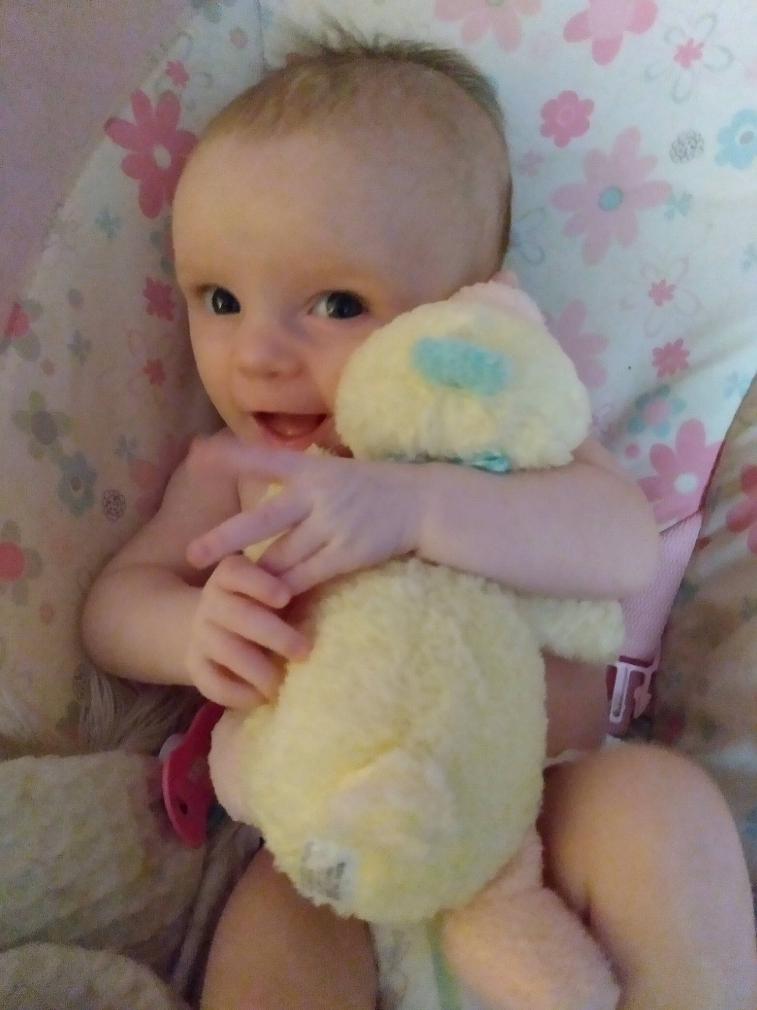 Acelynn is registered to the contest to win money with this photo: baby, baby_toddler_clothing, cheek, child, comfort, finger, gesture, hand, happy, nose, person, pink, skin, smile, stuffed_toy, teddy_bear, textile, thumb, toddler, toy