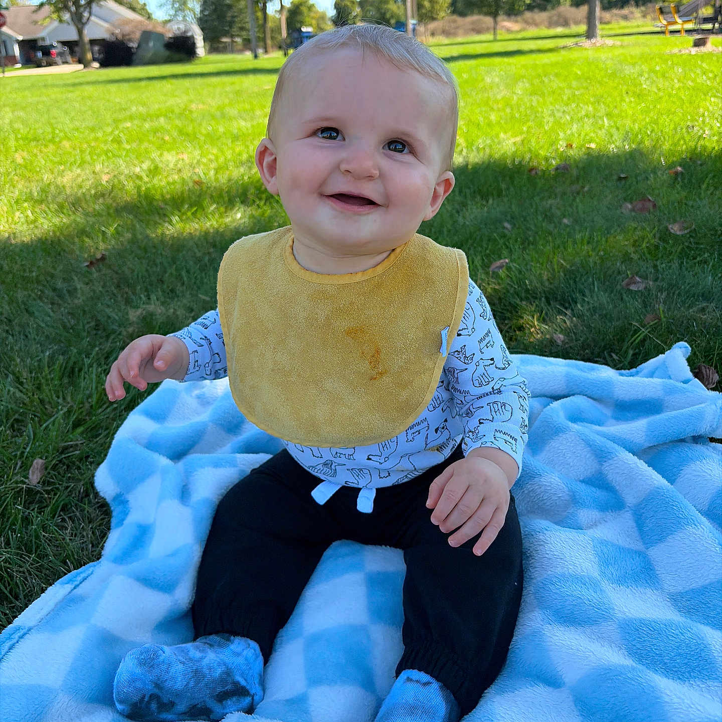 Noah joined the competition — help win amazing prizes! baby, child, smiling, sitting, outdoors, park, backyard, grass, blanket, yellow_bib, long_sleeves, black_pants, blue_socks, infant, portrait, sunlight, gazebo, playground, trees, happy