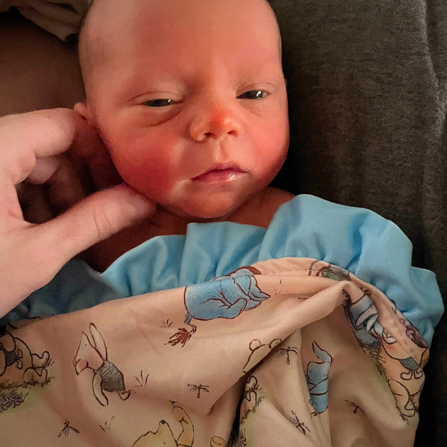 Wylee joined the competition — help win amazing prizes! baby, bedding, blanket, caregiver, cheek, child, close_up, eyes, face, hand, head, indoors, infant, newborn, pooh_blanket, portrait, skin, sleepy, soft_texture, swaddle