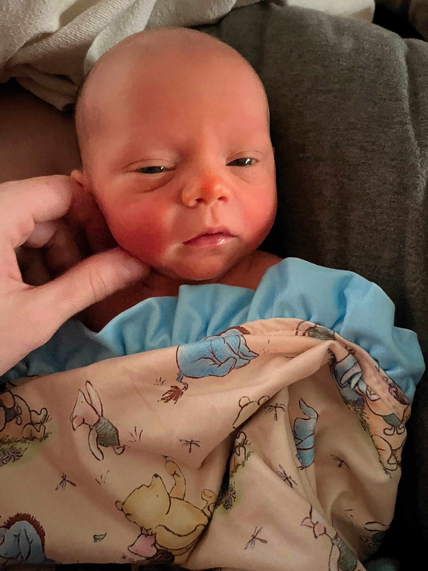 Wylee joined the competition — help win amazing prizes! baby, bedding, blanket, caregiver, cheek, child, close_up, eyes, face, hand, head, indoors, infant, newborn, pooh_blanket, portrait, skin, sleepy, soft_texture, swaddle