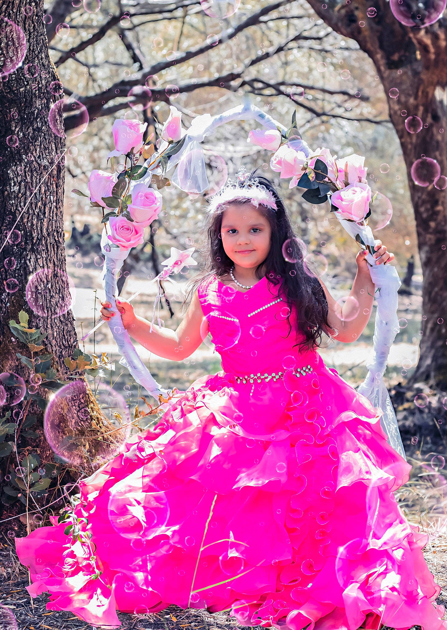Soleyna a rejoint le concours — aidez-le/la à gagner de superbes lots ! blossom, child, costume, dress, flower, gown, headwear, joy, magenta, person, petal, photo_shoot, photography, pink, plant, quinceanera, spring, tree