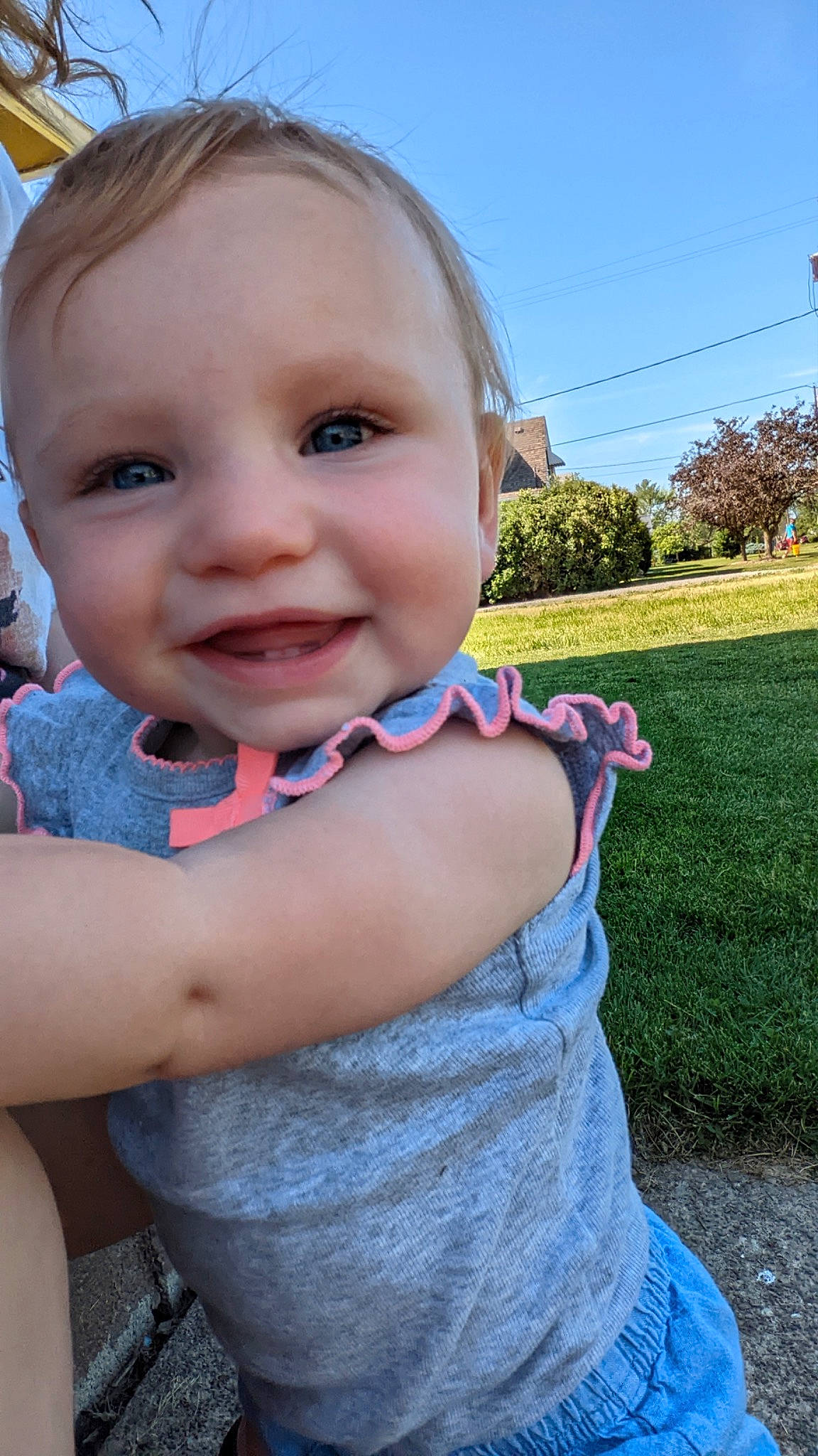Rowyn joined the competition — help win amazing prizes! baby_toddler_clothing, blue, cool, facial_expression, gesture, grass, hairstyle, happy, iris, joy, leisure, lip, person, pink, plant, shoulder, skin, sky, smile, standing