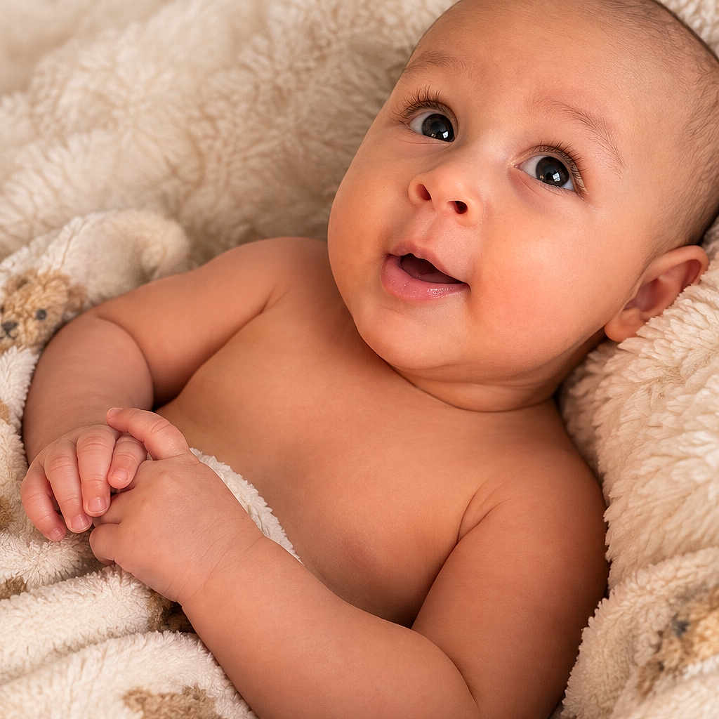 Nagi is registered to the contest to win money with this photo: baby, infant, child, portrait, smiling, happy, lying_down, blanket, teddy_bear, cozy, indoors, close_up, face, eyes, hands, bare_arms, brown_skin, soft_lighting, nursery, adorable