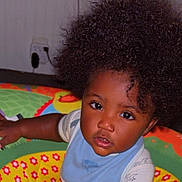 Kaidence is registered to the contest to win money with this photo: toddler, child, afro_hair, play_mat, colorful, indoor, baby, curious, hand, face, wide_eyes, clothing, bib, floor, animal_prints, young_child, portrait, expression, skin_tone, baby_toys