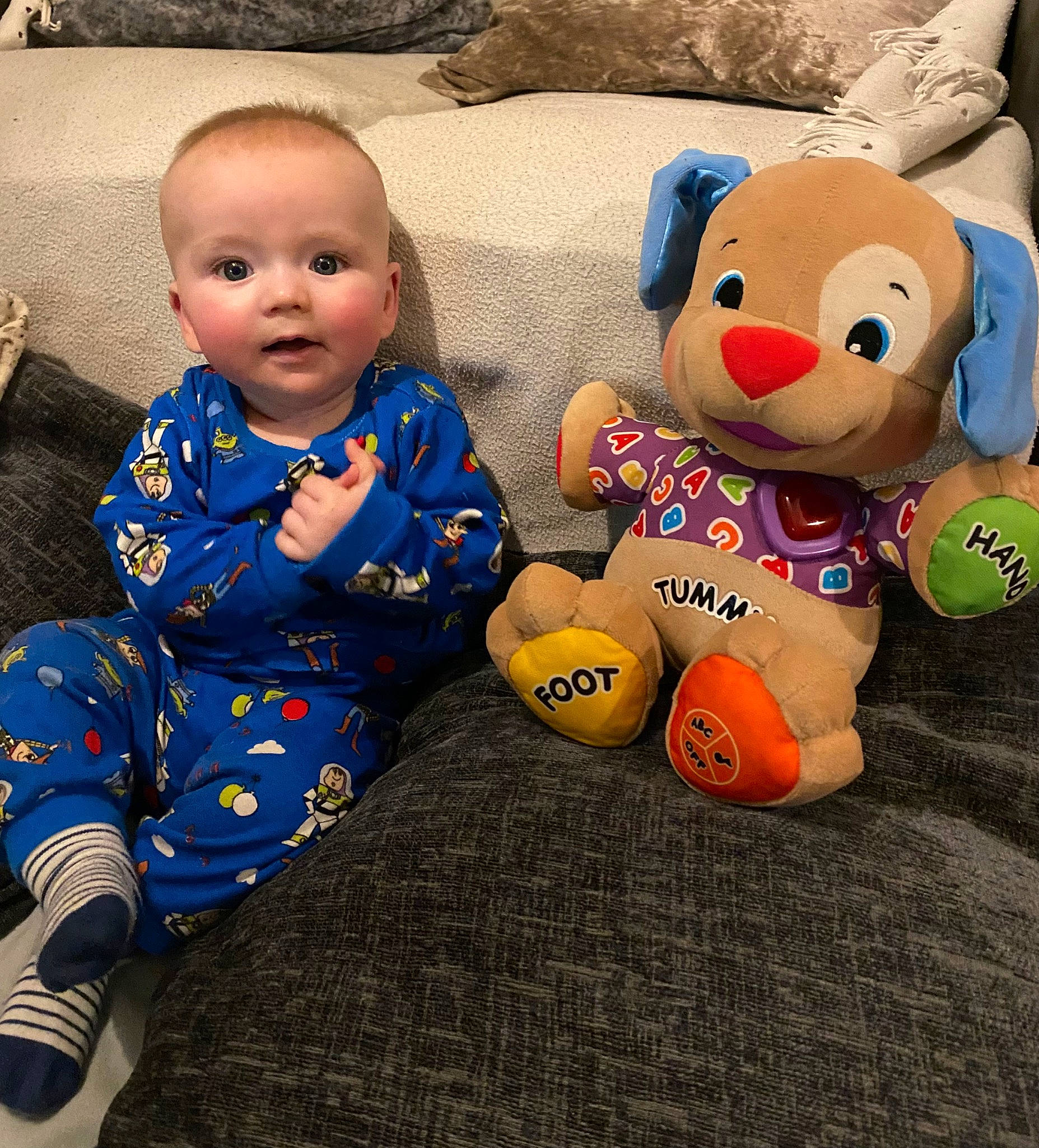 Archie joined the competition — help win amazing prizes! baby, baby_products, baby_toddler_clothing, baby_toys, child, comfort, flooring, fun, fur, happy, person, play, plush, room, sitting, sleeve, smile, stuffed_toy, toddler, toy