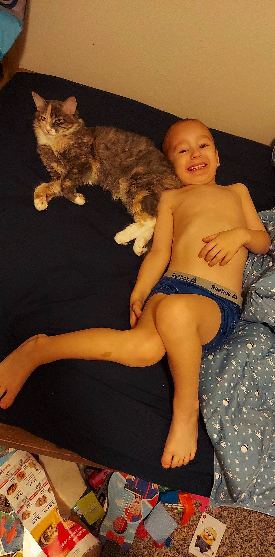 James joined the competition — help win amazing prizes! barefoot, calf, carnivore, cat, fawn, finger, foot, happy, human_body, human_leg, joint, joy, knee, lap, leg, person, shorts, shoulder, smile, thigh