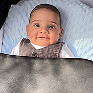 Tibor joined the competition — help win amazing prizes! baby, infant, stroller, face, eyes, clothing, vest, white_shirt, blanket, leather_cover, expression, child, cute, indoor, closeup, head, skin, person, newborn, portrait