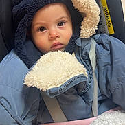 Imran participe au concours pour gagner de l'argent avec cette photo : baby, child, car_seat, jacket, hood, blanket, fur_trim, face, eyes, clothing, warm, indoor, seatbelt, infant, portrait, cute, winter_wear, soft_texture, close_up, sitting