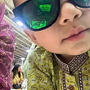 Zayan joined the competition — help win amazing prizes! child, closeup, sunglasses, traditional_clothing, indoor, person, face, reflection, pattern, curious, serious_expression, portrait, candid, people, blurry_background, fashion, head, nose, lips, young