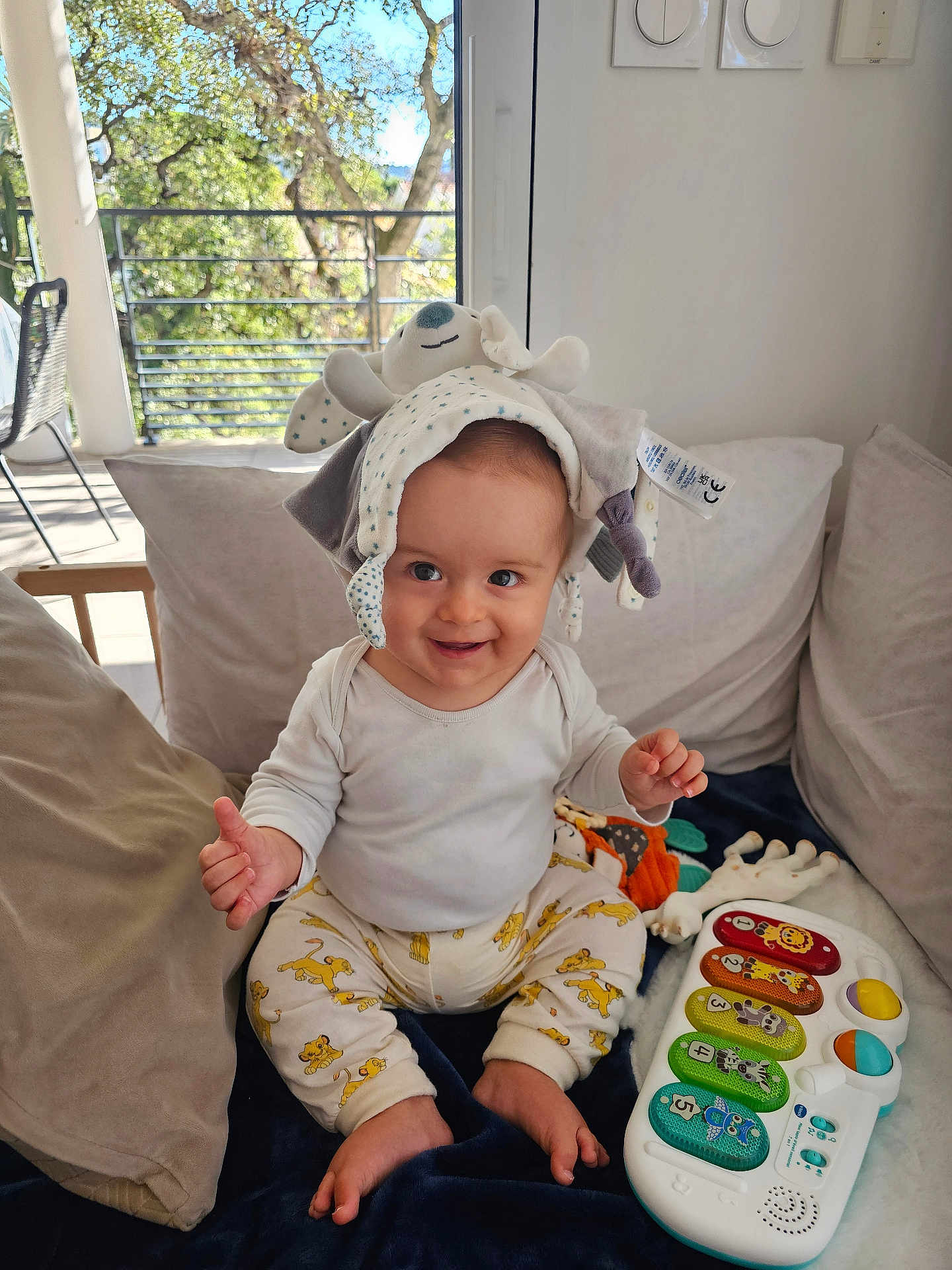 Eliott participe au concours pour gagner de l'argent avec cette photo : baby, child, smiling, hat, stuffed_animal, toy, musical_keyboard, cushion, sofa, indoor, window, sunlight, clothing, pants, foot, hand, happy, infant, playful, home