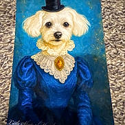 Ozzie is registered to the contest to win money with this photo: dog, portrait, painting, blue_dress, lace_collar, top_hat, brooch, white_dog, carpet, textured_background, vintage_style, costume, artwork, animal_portrait, decorative, fancy, elegant, small_dog, indoor, photograph_of_painting