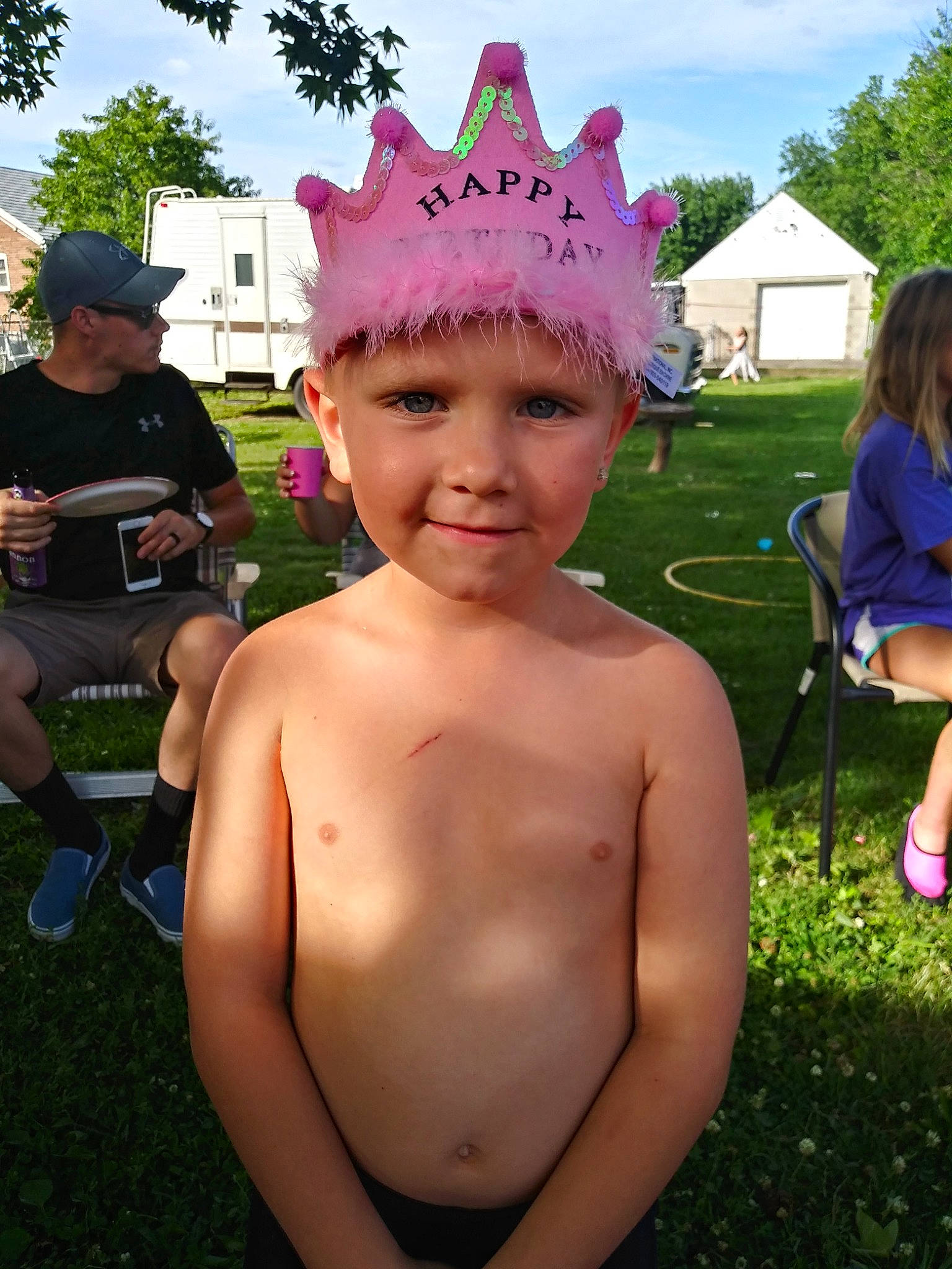 Jeffery joined the competition — help win amazing prizes! barechested, chest, child, ear, fun, grass, hat, headgear, headwear, human_body, joy, male, person, smile, summer, toddler, trunk, vacation