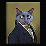 animal, artificial, black_jacket, brown_background, cat, character, costume, feline, formal_clothing, funny, headshot, illustration, portrait, single_subject, studio, suit, tie, vintage_style, whiskers, white_shirt