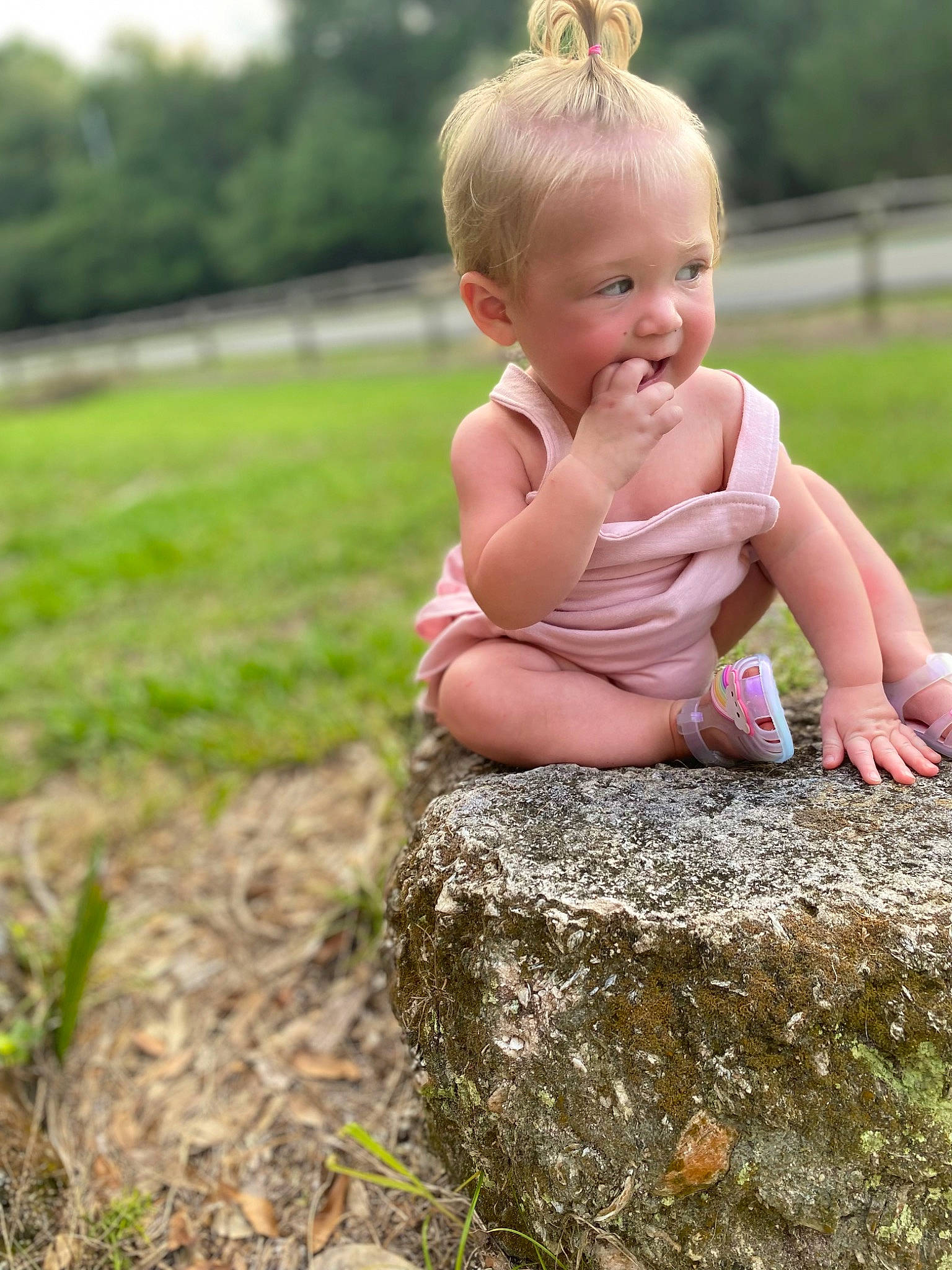 Paisley joined the competition — help win amazing prizes! baby, baby_toddler_clothing, cheek, eye, facial_expression, grass, hair, hairstyle, hand, happy, head, human_body, leg, people_in_nature, person, plant, skin, smile, standing, summer
