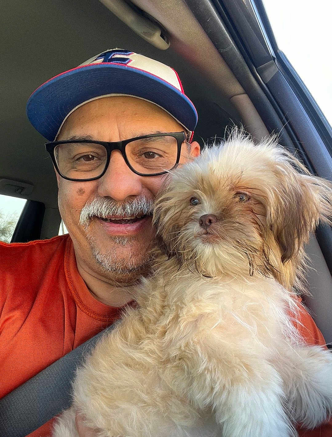 Molcha joined the competition — help win amazing prizes! man, dog, glasses, hat, car, seatbelt, orange_shirt, smiling, portrait, pet, fluffy_dog, window, interior, companion, casual, beard, mustache, daylight, close_up, happy