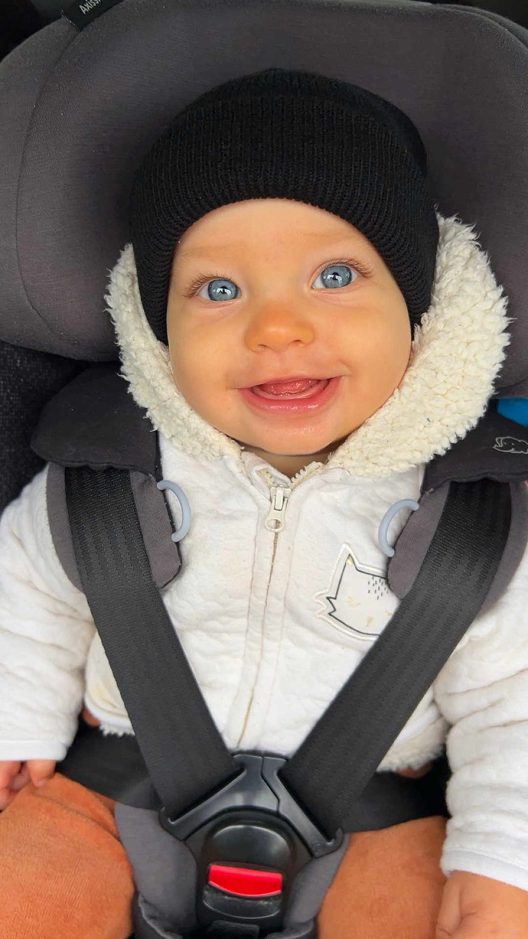 Leeroy a rejoint le concours — aidez-le/la à gagner de superbes lots ! baby, blue_eyes, beanie, car_seat, child, clothing, coat, cute, face, fashion, happy, infant, jacket, kid, portrait, safety_belt, smile, straps, toddler, warm_clothing
