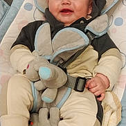 Izaac participe au concours pour gagner de l'argent avec cette photo : baby, infant, smiling, plush_toy, baby_seat, clothing, straps, happy, cute, child, indoors, comfort, soft_toy, seat, person, face, head, socks, blanket, cuddly