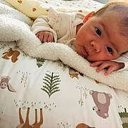 Malina participe au concours pour gagner de l'argent avec cette photo : baby, blanket, bed, child, cute, face, fleece, forest_animals, infant, laying_down, looking, peaceful, portrait, resting, soft_texture, toddler, warm_light, woodland, young_child, sleepwear