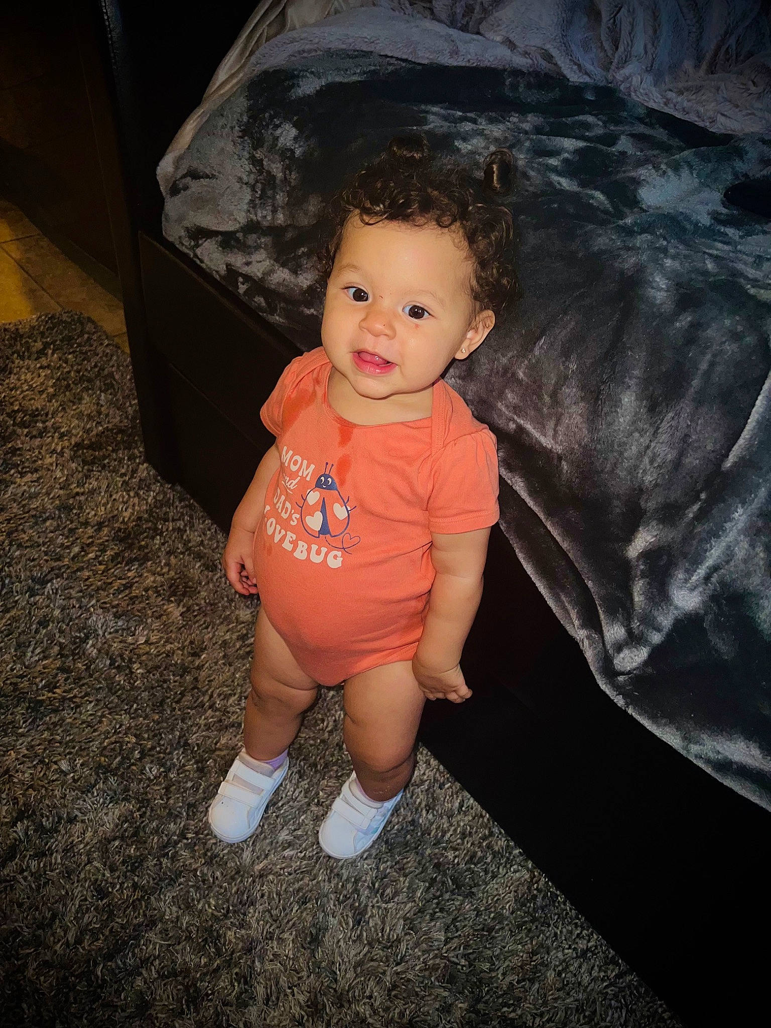 Faye joined the competition — help win amazing prizes! baby, baby_toddler_clothing, child, costume, darkness, doll, eye, flash_photography, flooring, foot, fun, human_leg, knee, person, shorts, sitting, sleeve, t_shirt, thigh, toddler