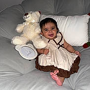 Nahara Rosario joined the competition — help win amazing prizes! 5_months, baby, child, clothing, couch, cute, dress, feet, happy, home, indoors, infant, milestone, person, pillow, plush_toy, portrait, sitting, smiling, teddy_bear