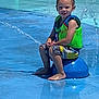 Michael is registered to the contest to win money with this photo: child, life_jacket, water, splash_pad, summer, outdoor, water_spray, blue, play, fun, smile, young, sitting, splash, pool_area, sunny, recreation, water_feature, park, casual_clothing