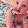 Hannah joined the competition — help win amazing prizes! baby, child, drool, blue_dress, headband, toy, purple_toy, teal_toy, pink_blanket, closeup, face, arms, skin, infant, cute, portrait, indoor, expression, eyes, chubby