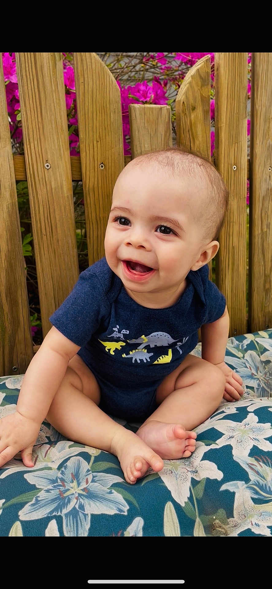 Brycen is registered to the contest to win money with this photo: baby, child, smiling, sitting, onesie, dinosaur_print, cushion, floral_pattern, wooden_fence, outdoor, happy, cute, infant, portrait, nature, plants, pink_flowers, barefoot, skin, head